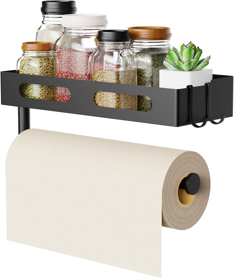 EffiJoy Paper Towel Holder Wall Mount for Kitchen, Paper Towel Holder with Shelf for Bathroom, RV Paper Towel Rack, Spice Rack with 2 Hooks,Matte Black - Image 1